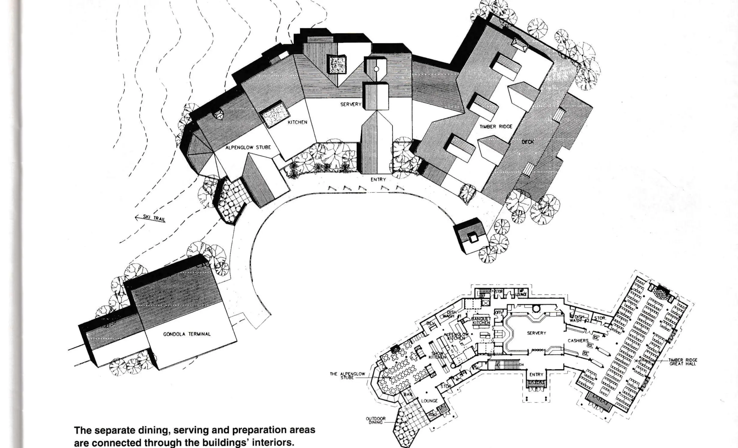 Site plan and interior floor plan of the Outpost's Alpenglow Stube, Servery, Timber Ridge Great Hall and gondola terminal buildings at Keystone.