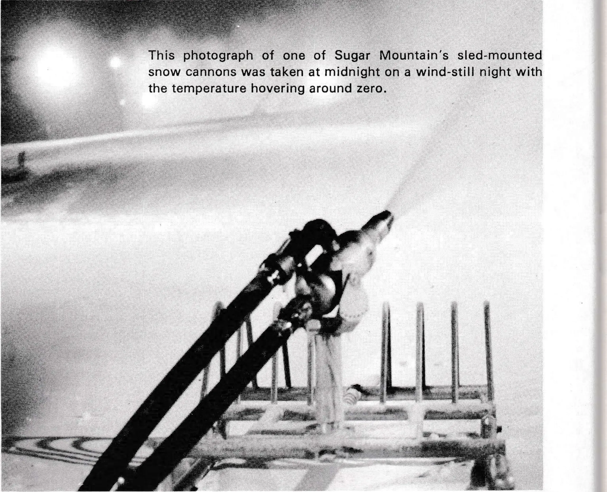 This photograph of one of Sugar Mountain's sled-mounted snow cannons was taken at midnight on a wind-still night with the temperature hovering around zero.