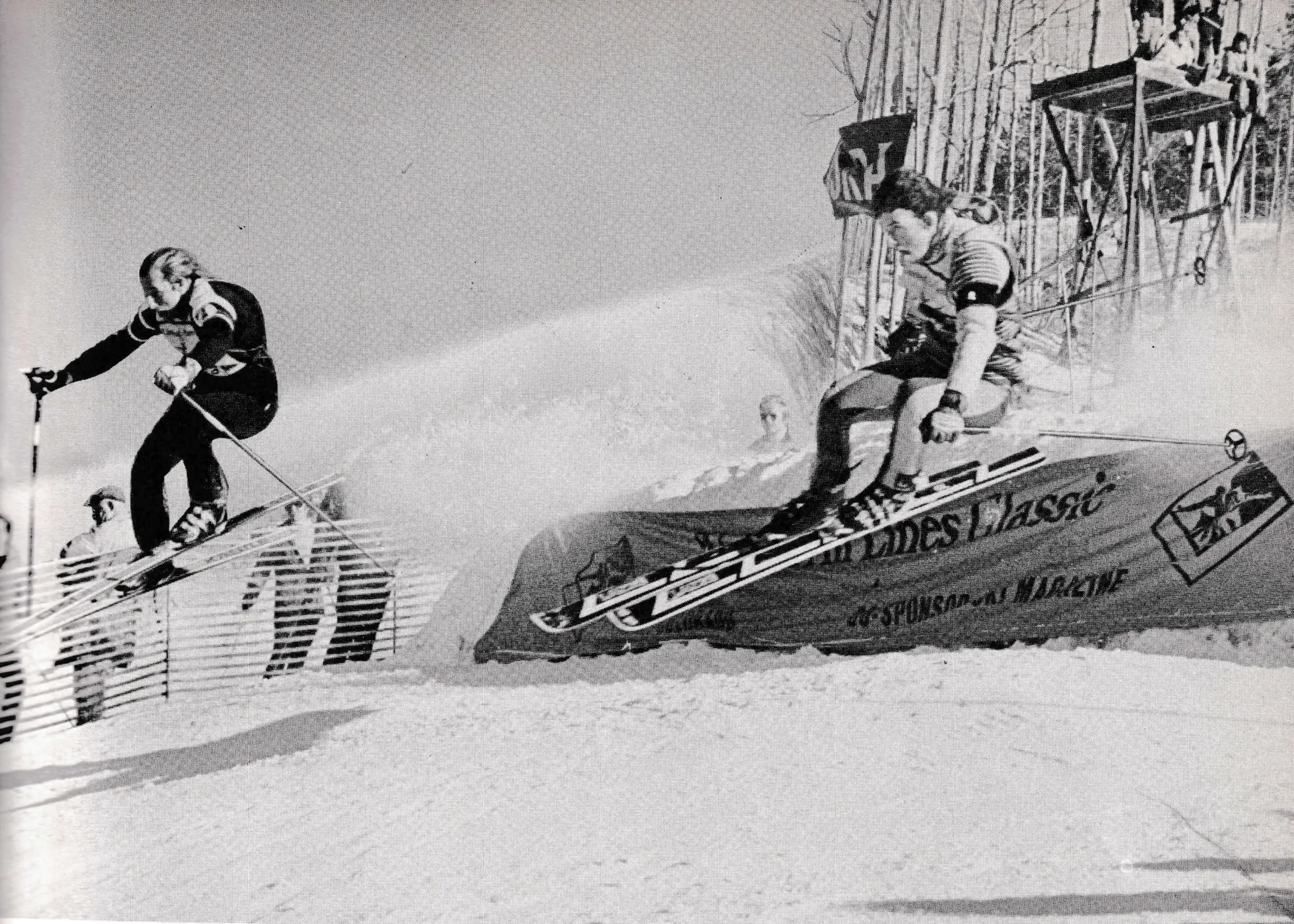 Harald Stuefer (left) and Tyler Palmer as they leave a bump in dual racing action in the United Air Lines Classic at Vail, Colorado — CLYDE E. WITT