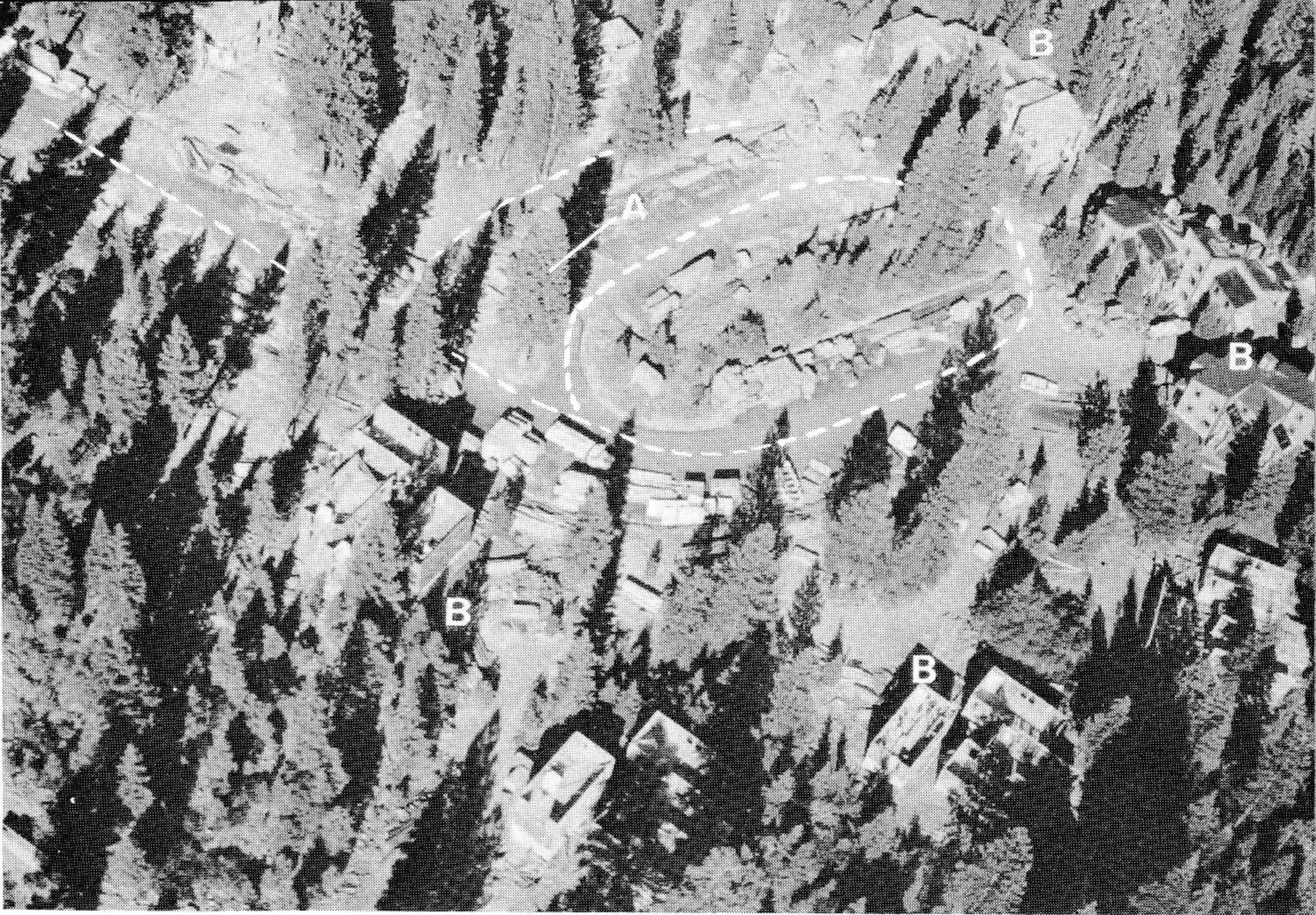This aerial shot of Northstar illustrates the emphasis given to trees. Note the tree left as an island (A). Trees were kept throughout to separate and shield the dense building masses (B). Note how parking areas follow the natural contours.