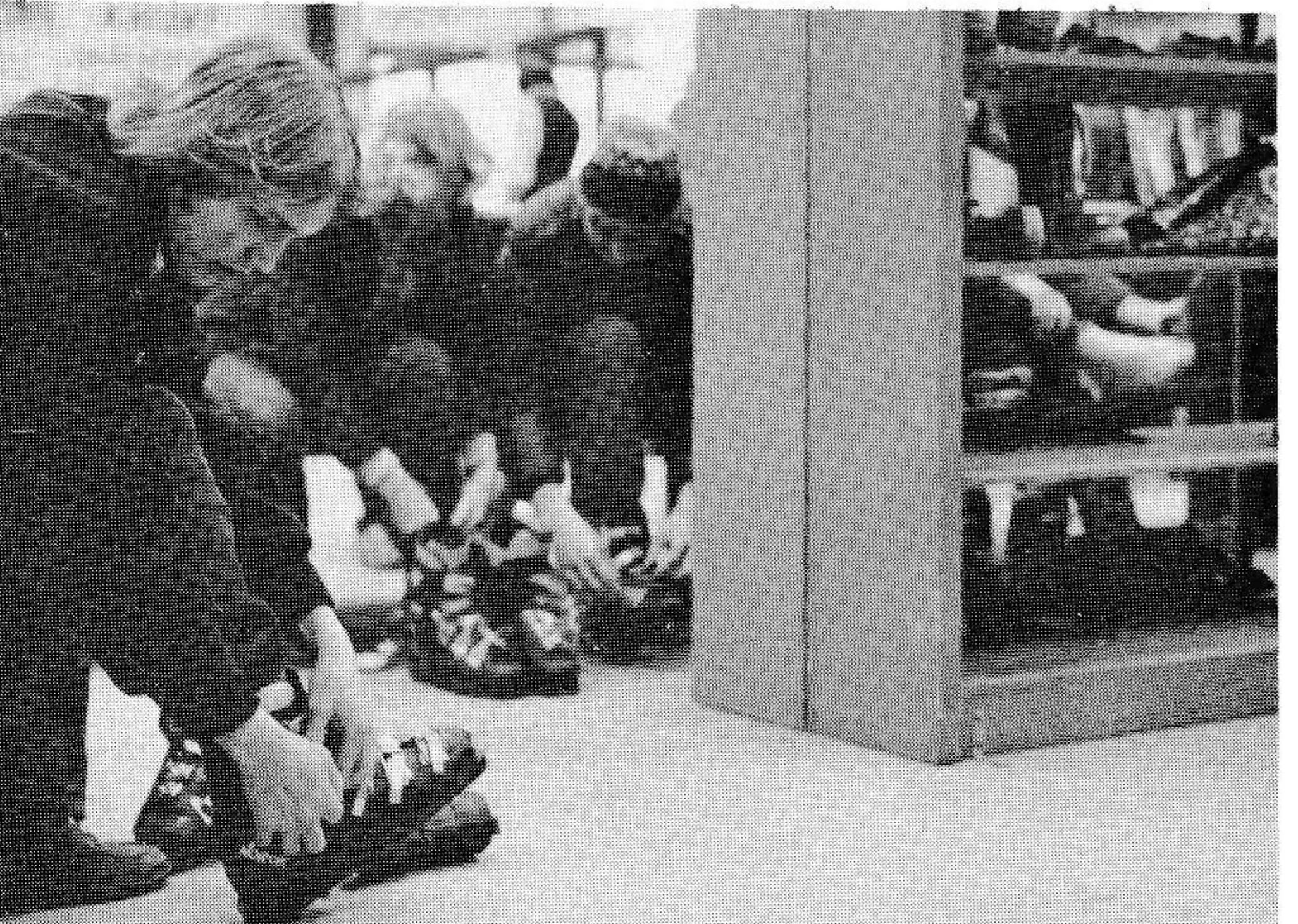 Booting-up space is provided in the center of the rental shop where benches surround shelves to hold shoes. About 65 per cent of the renters are new skiers or are in a school program for inexperienced skiers, according to Durk Vanderkaay, shop manager.