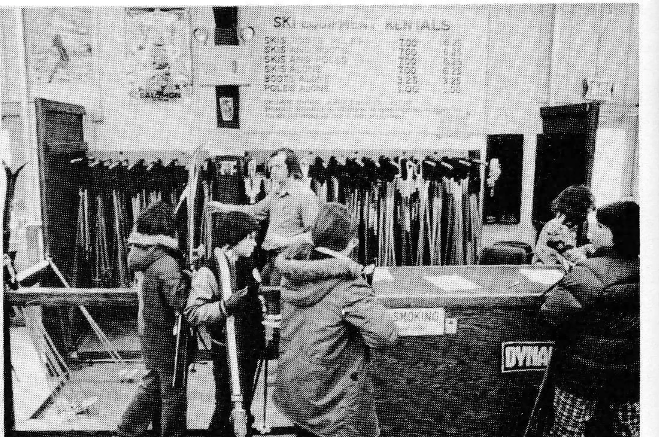 Entering a door next to the ski shop, renters turn a corner and are immediately in front of the boot counter. Mt. Tom has about 300 sets of adult and junior boots and skis. With 13 workers the rental shop can process about 150 people in a half an hour.