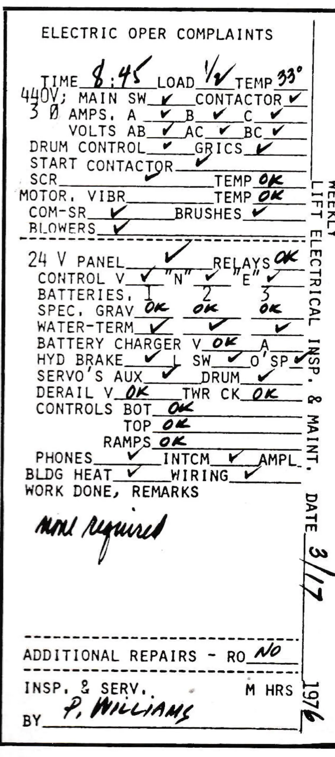 Reverse side of the MJO can be pre-printed for different uses. This one is used for weekly inspections and is color-coded to indicate Lift Maintenance Department.