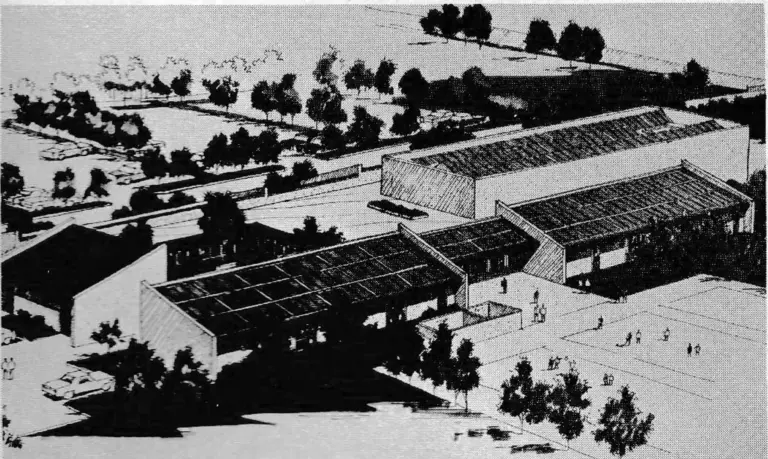 Artist's rendering of the Santa Clara Recreation Center. Solar collectors on rooftops will collect energy for heating and hot water.