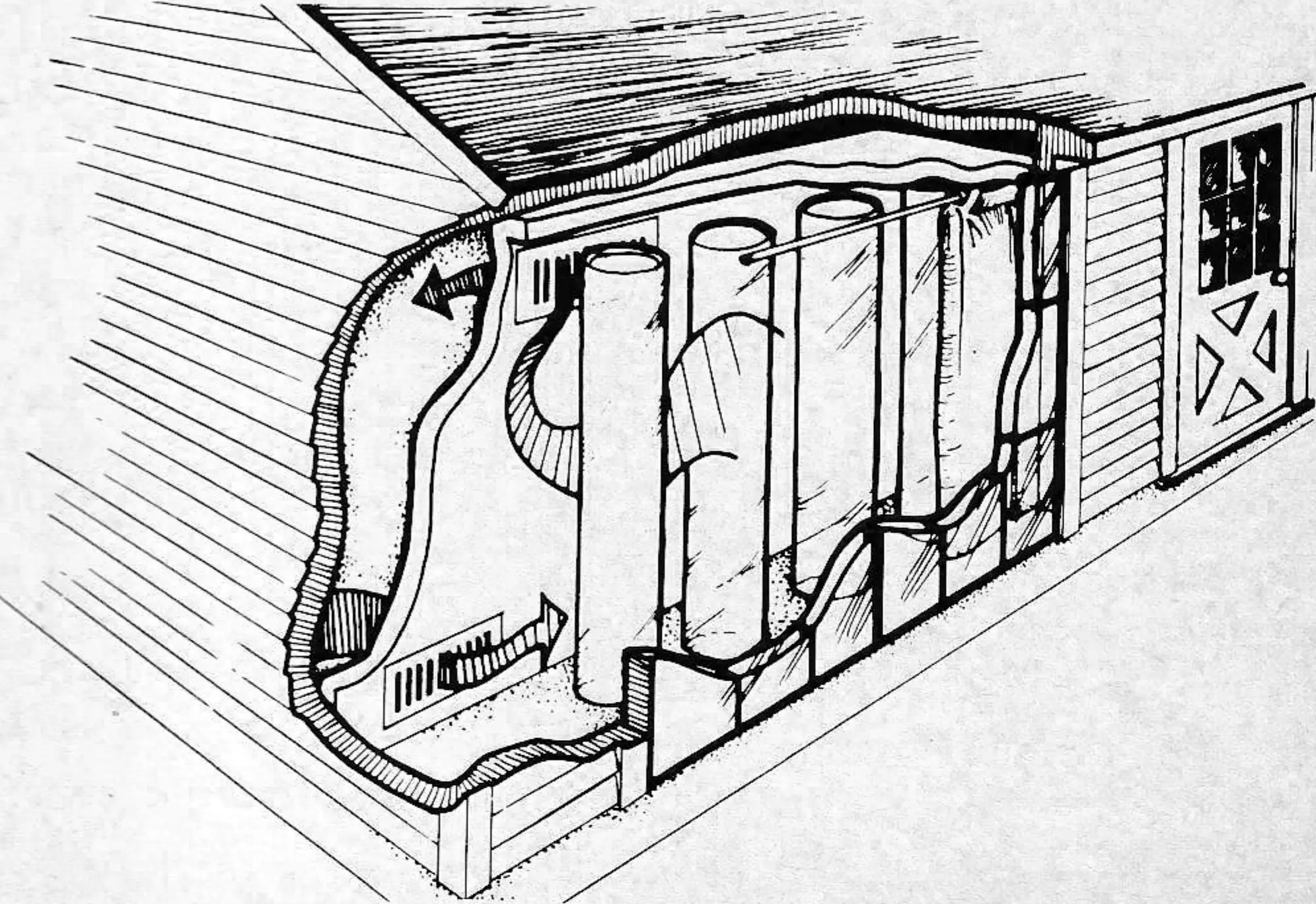In this Kalwall solar battery system water in translucent fiberglass cylinders is heated by the sun, and warm air passes into living area at night when it's needed.