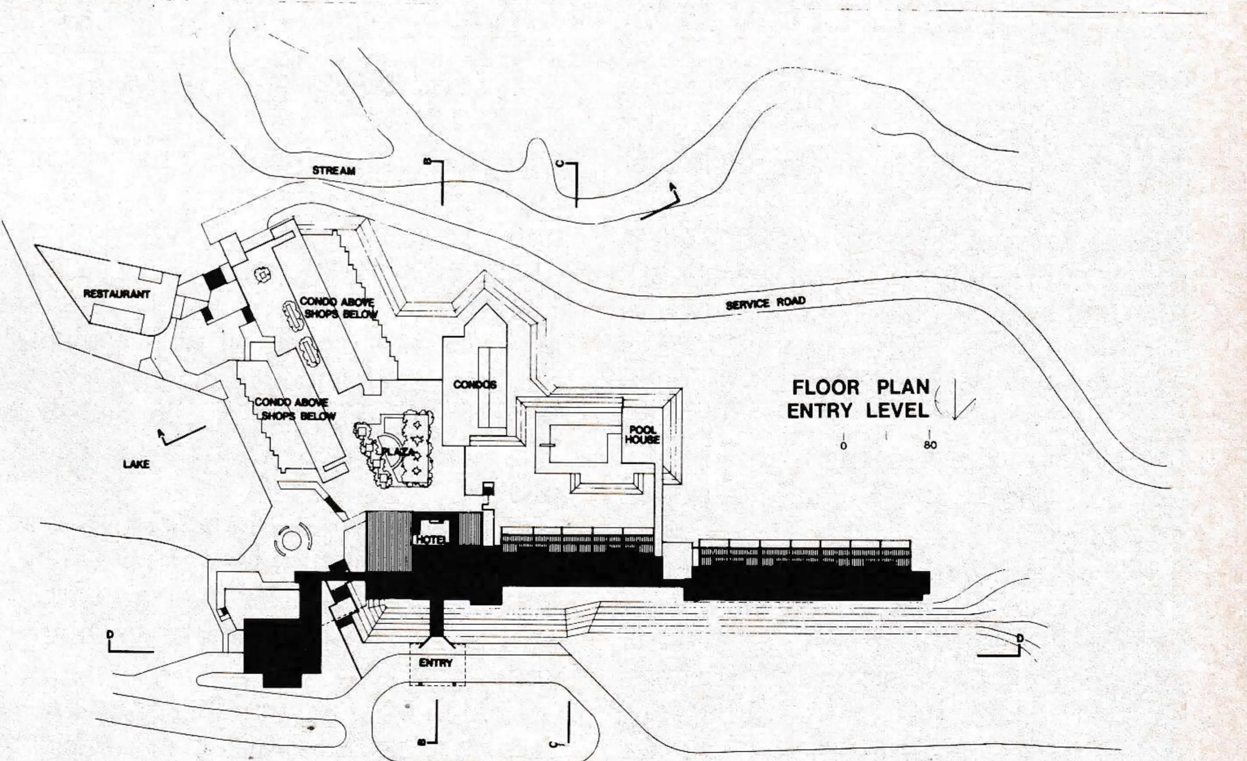 Keystone site plan, showing interacting functional circulation elements around the hotel, convention facilities, restaurant, shops and condominium. In an earlier age one would have expected separate lots, each one separately developed.