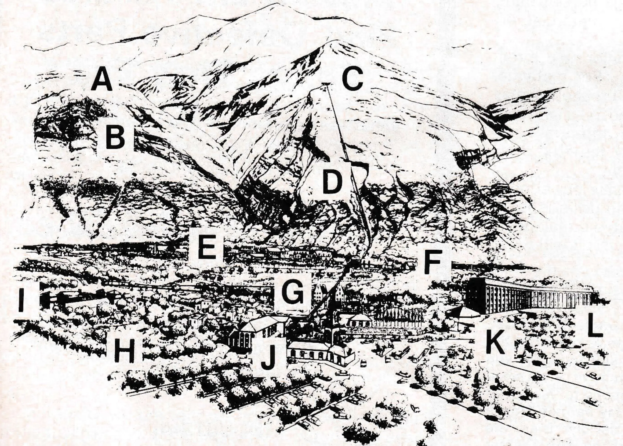 A) CASTLE VILLAGE; B) RENDEZVOUS VILLAGE; C) DISCOVERY VILLAGE & ROTATING RESTAURANT; D) FUNICULAR RAILROAD; E) CONTINENTAL EUROPEAN VILLAGES; F) BRITISH ISLES VILLAGES; G) MOUNTAIN MAN VILLAGE; H) INDIAN VILLAGES; I) SCANDINAVIAN VILLAGES; J) SPANISH ENTRY PLAZA; K) THEATRE; L) GRAND HOTEL