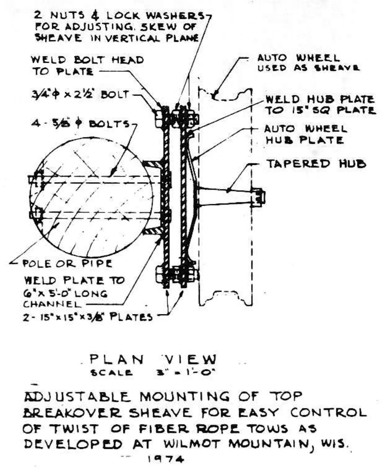 The 6-in. channel shown is only one way of attaching the sheave assembly to a wood pole. However, it has the advantage of vertical adjustment to compensate for varying snow depths by drilling more holes in the pole.