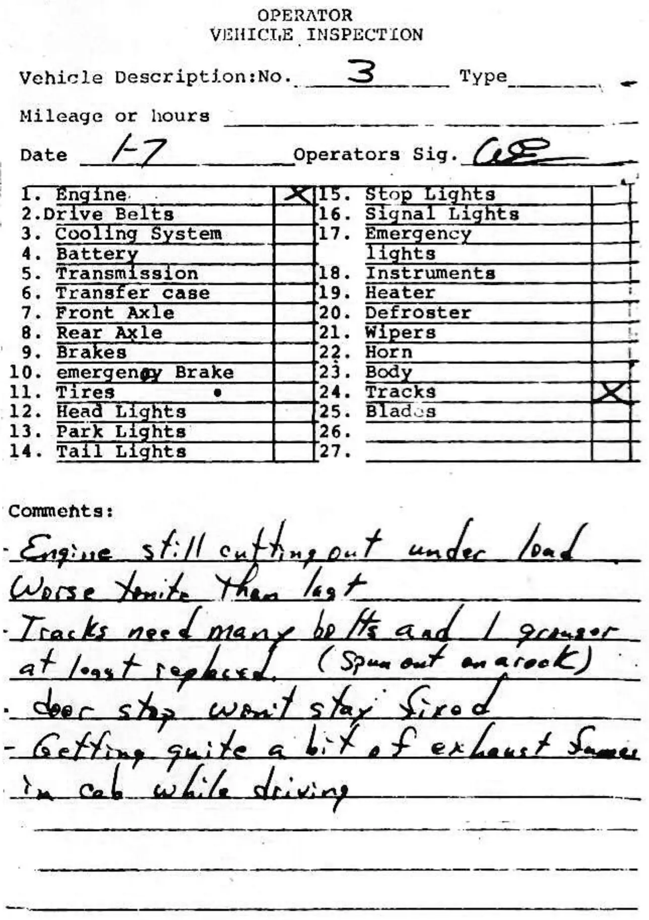 An actual “Bitch Sheet” as filled out. Clear lines of communication between driver and mechanic are vital.
