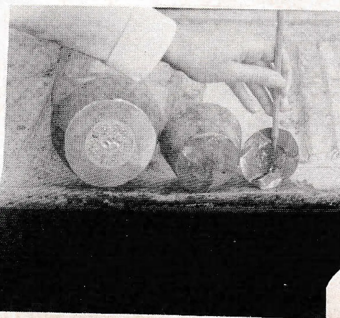 This cut-apart socket was defective as the fiber core (pencil pointing) was left in the socket and gases were formed during the pour (see gas holes on left).