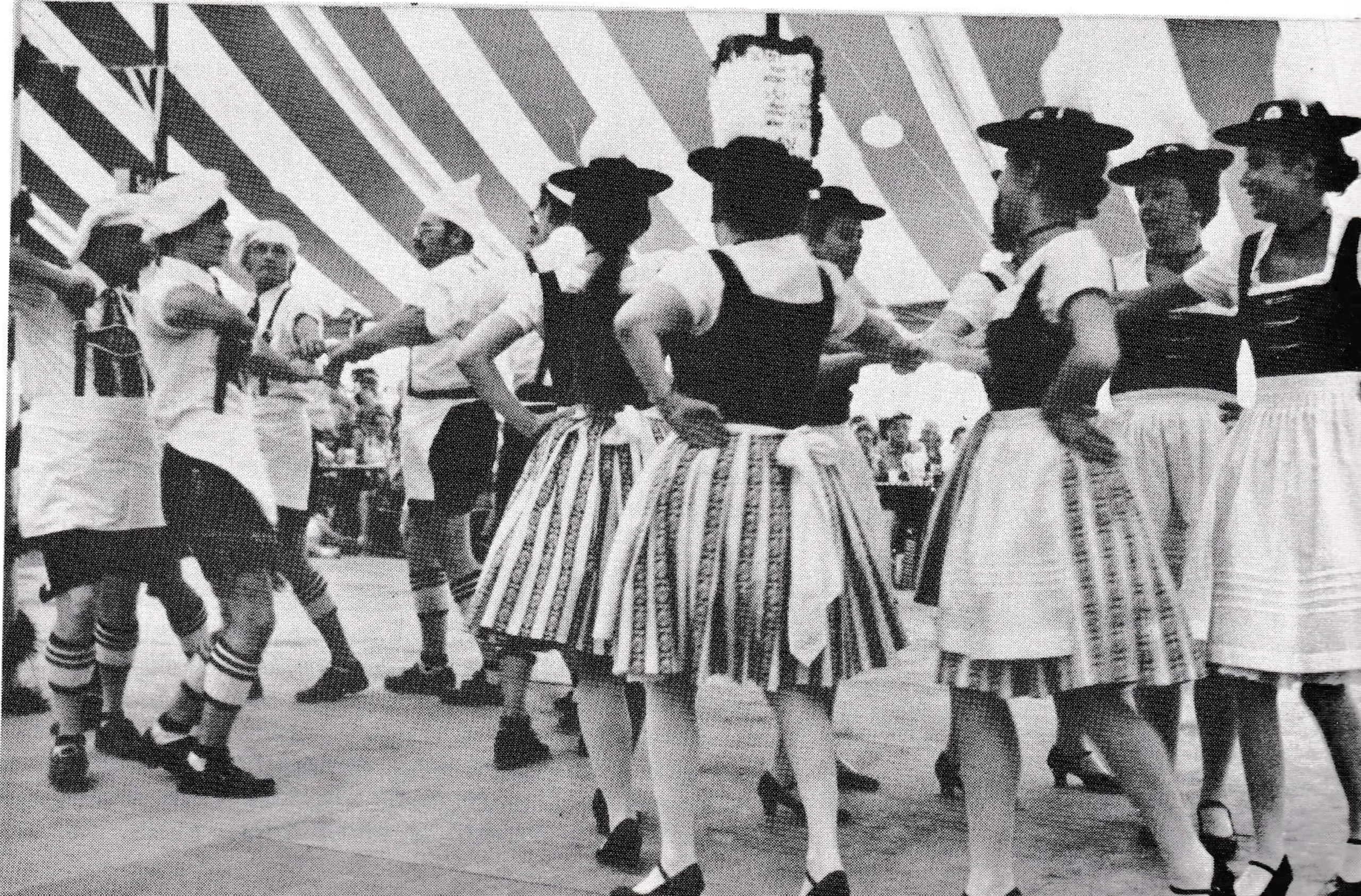 The schuhplatters (folk dancers) of the Germania Almrausch, Poughkeepsie, daily present a program of various dances at the colorful German Alps Festivel at Hunter Mountain, N.Y.