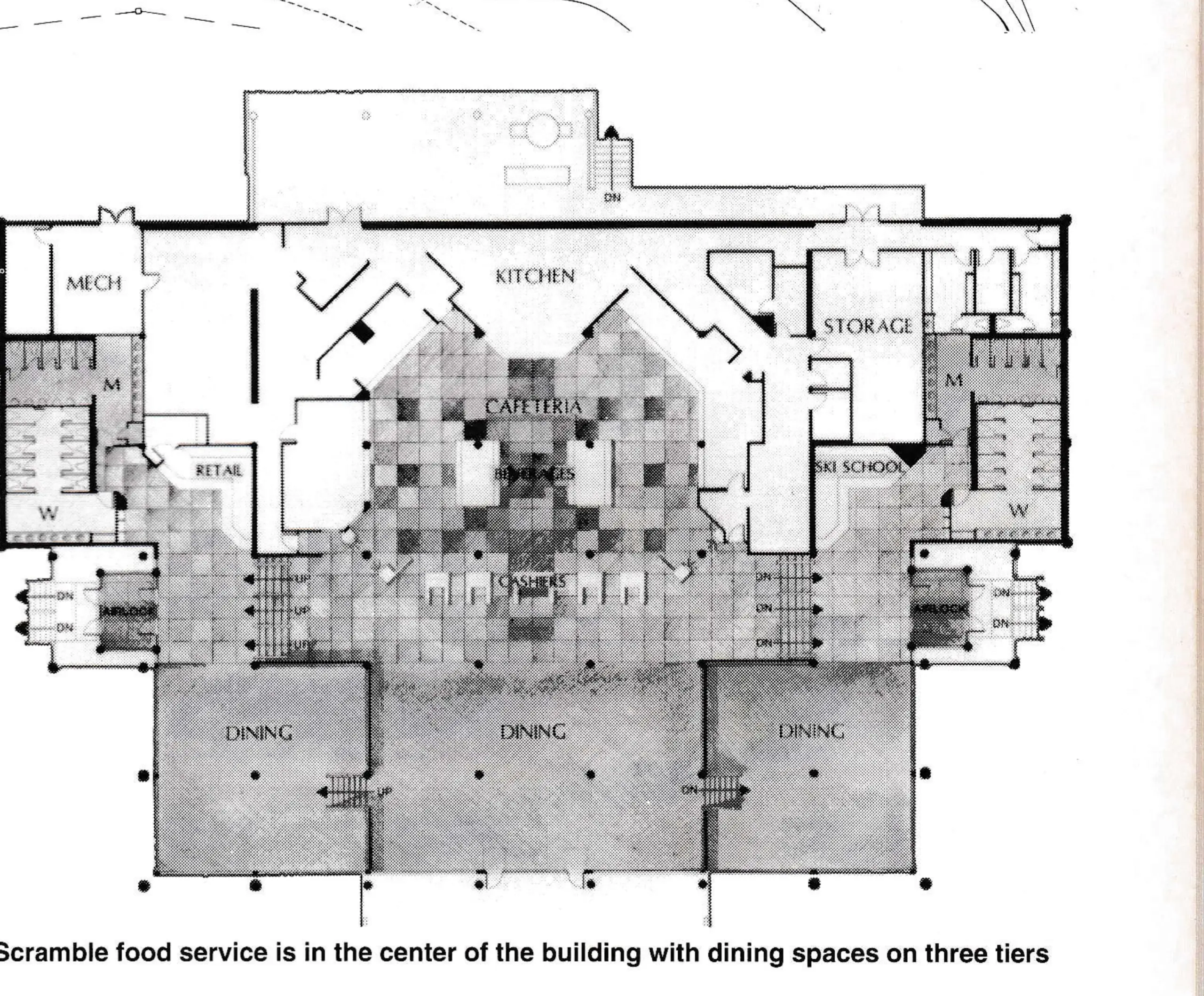 Scramble food service is in the center of the building with dining spaces on three tiers.