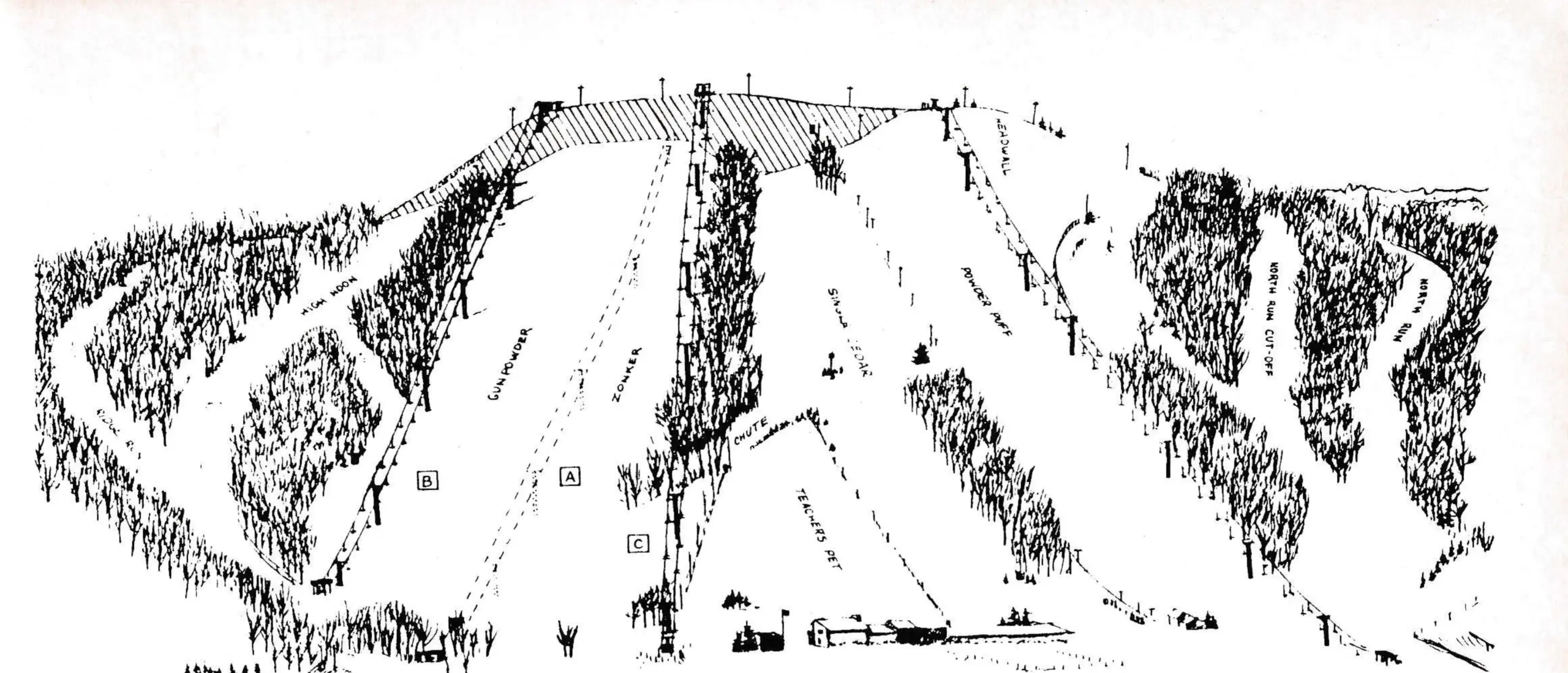 Shaded area shows the area where 40 feet of additional vertical went. A) Old location of Gunpowder chair, and B) its new location. C) The location of the new Riblet quad.