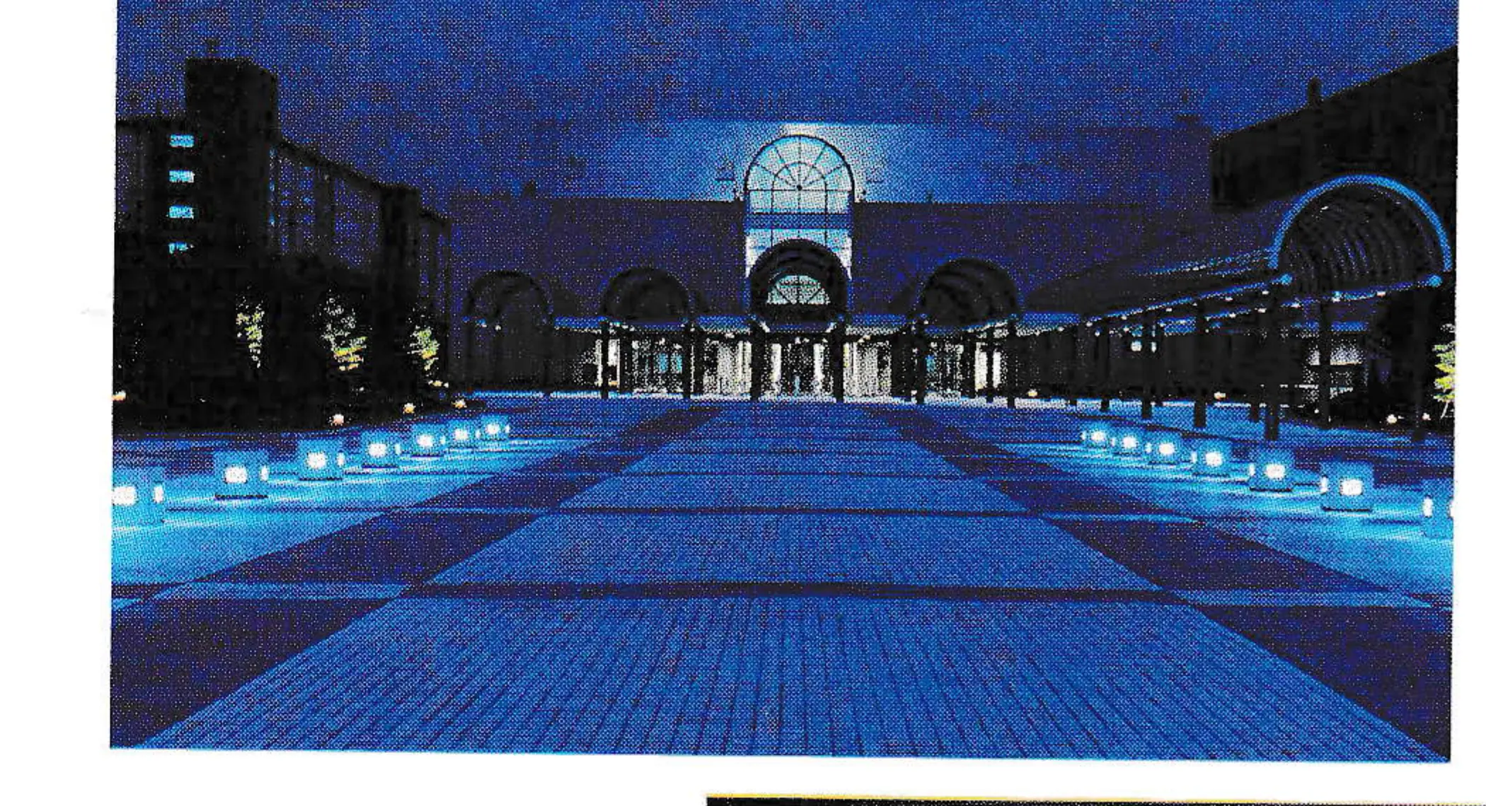 Lavishly landscaped approach to main entrance initiates a feeling of entering a futuristic pleasure dome, the envy of Kublai Khan.