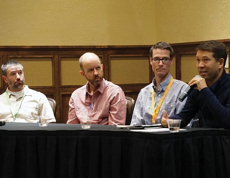 A panel discussion at SAM Summer Ops Camp in September focuses on how to implement the Recreational Opportunities Act. Panelists (L to R): Sean Wetterberg, U.S. Forest Service; Dave Fields, Snowbird; Jamie Barrow, Vail Resorts; Roger Poirier, U.S. Forest Service.