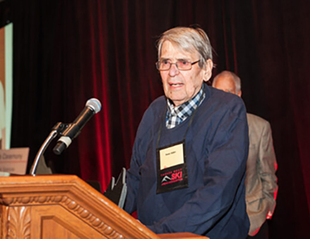 Peter Alder is awarded the Jimmy Spencer Lifetime Achievement Award from former Whistler-Blackcomb President Hugh Smyth.Peter Alder is awarded the Jimmy Spencer Lifetime Achievement Award from the Canada West Ski Areas Association during the 2019 Conference at the Fairmont Chateau Whistler Resort. Thursday, Apr 25th, 2019. Photo by David Buzzard/Courtesy CWSAA
