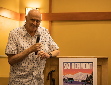 Longtime Smugglers Notch owner Bill Stritzler speaks after being honored with the Ski Vermont Industry Achievement Award