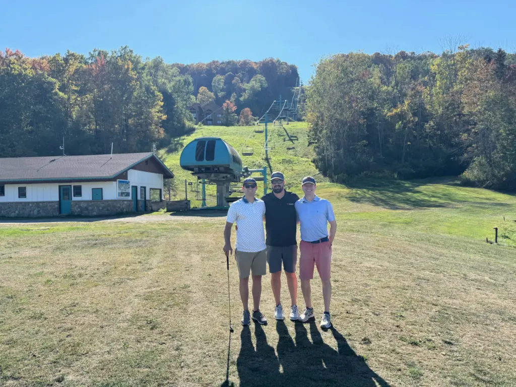 A Little Golf At The Base Of Holiday Valley With L To R Skytrac S Bobby Langlands In Front Of A Skytrac Lift No Less Dean Parmiter Of Parmiter Enterprises And SAM S Dave Meeker