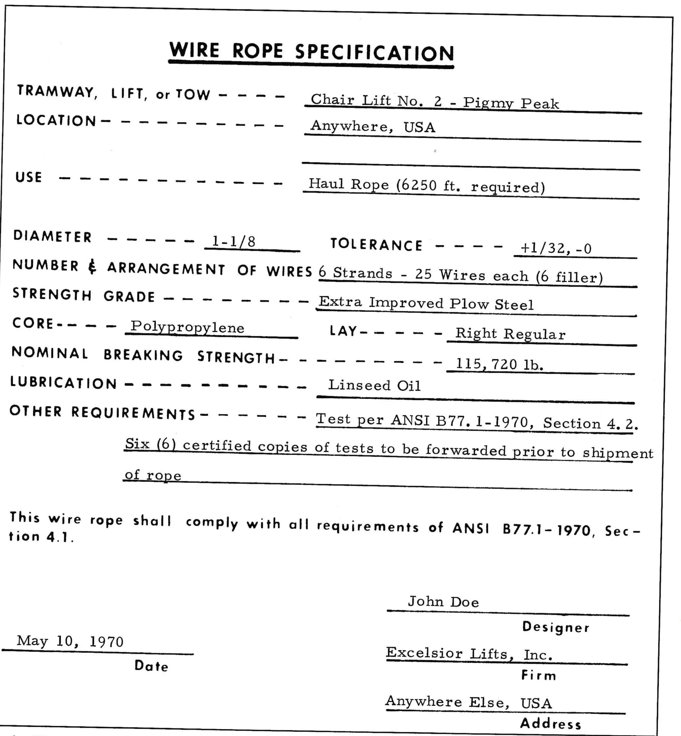 Fig. 1—Wire rope specification form.