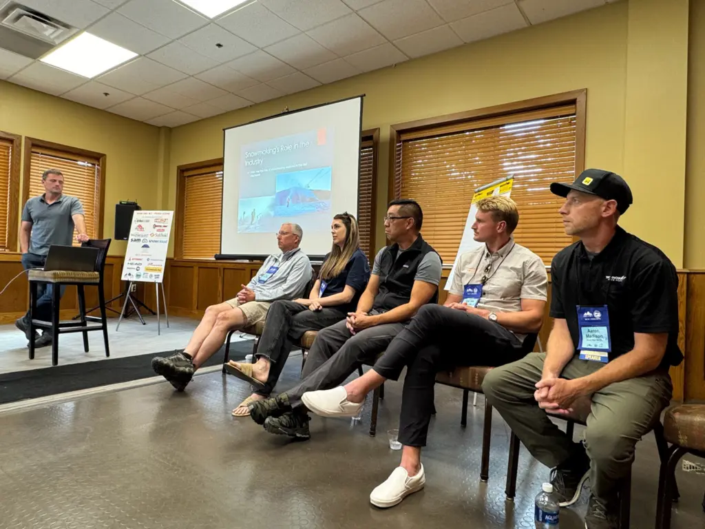 Ayden Wilber From Greek Peak Led The Snowmaking Tech Session With L To R Demaclenko S Craig Raphaelson SMI S Brooke VanderKellen Alba Ratnik S Tim Wang HKD S Gordon Santry And TechnoAlpin S Aaron Madison