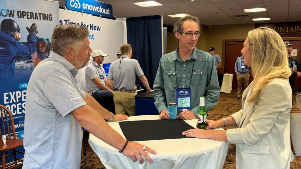 Snow Partners Hugh Reynolds Left Checks In With Adam Portz From SE Group And ORDA Chief Executive Ashley Walden