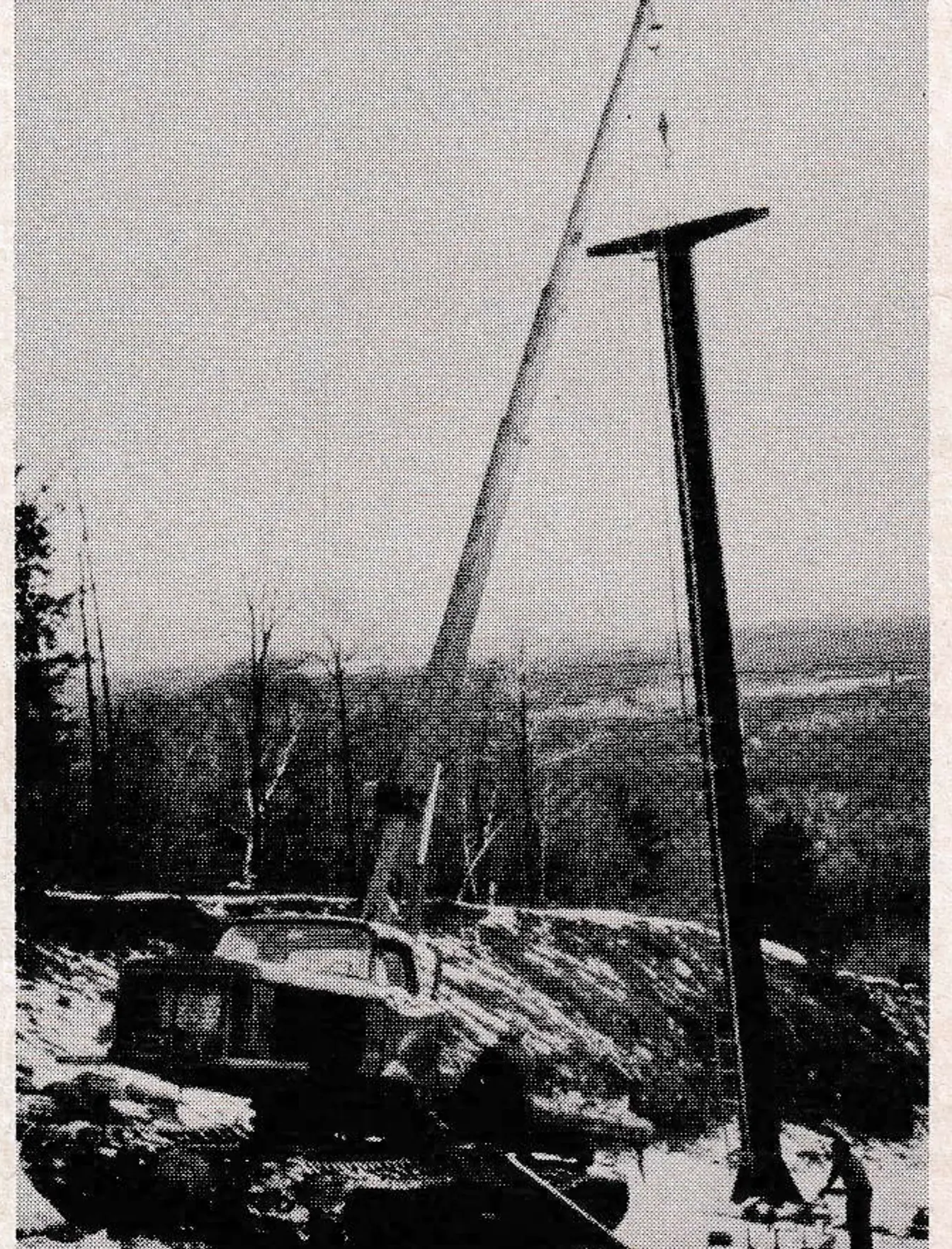 A Thiokol 6T Juggernaut maneuvers a new triple chairlift tower into place at West Mountain in Glens Falls, N.Y. The lift is the company's fourth installation in the U.S. Thiokol began marketing skilift packages, including towers, cables, chairs and terminals, in 1971.