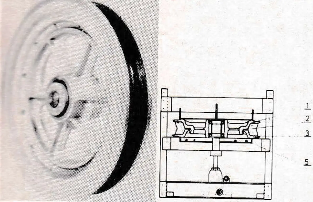 Numbers refer to: 1&3) Sheave side plates; 2) Liner; 4) Work bench; and 5) Locking balls.