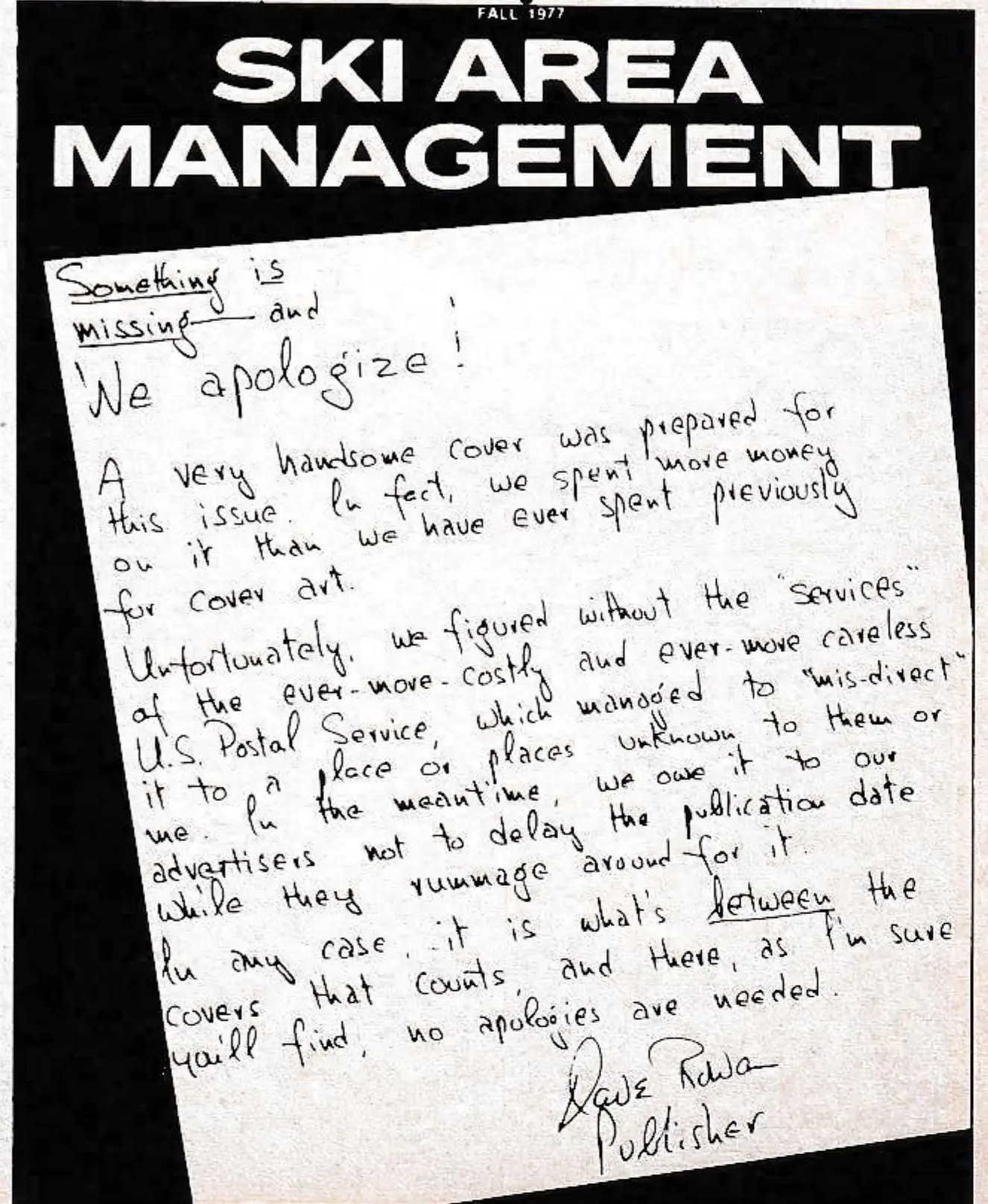 The Fall 1977 SAM cover as printed: a handwritten apology note signed Dave Rowan, Publisher.