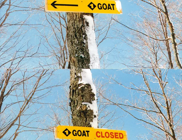 Reversible GOAT trail sign showing open and closed