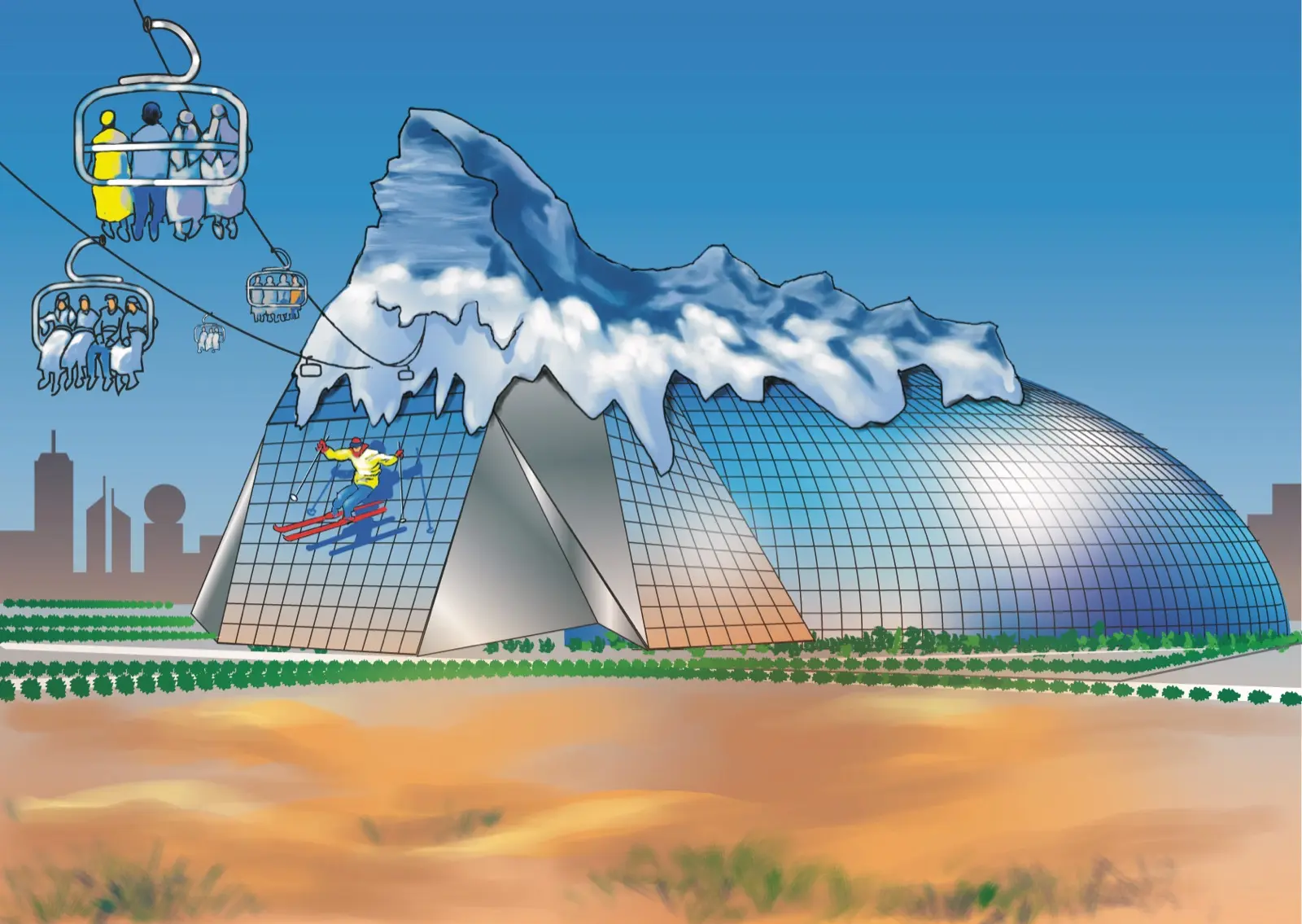 Rendering of a glass snowdome beside a desert city